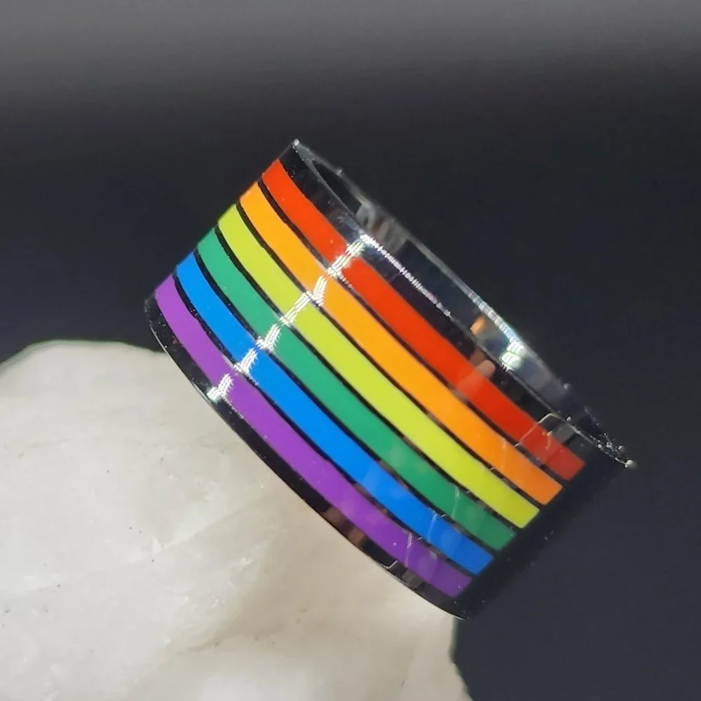 Black Rhodium Rainbow Hand Enameled Designer Ring Unisex Jewelry